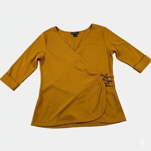 BYdesign Womens Mustard Yellow Faux Wrap V-neck Top Buckle Detail Size Small